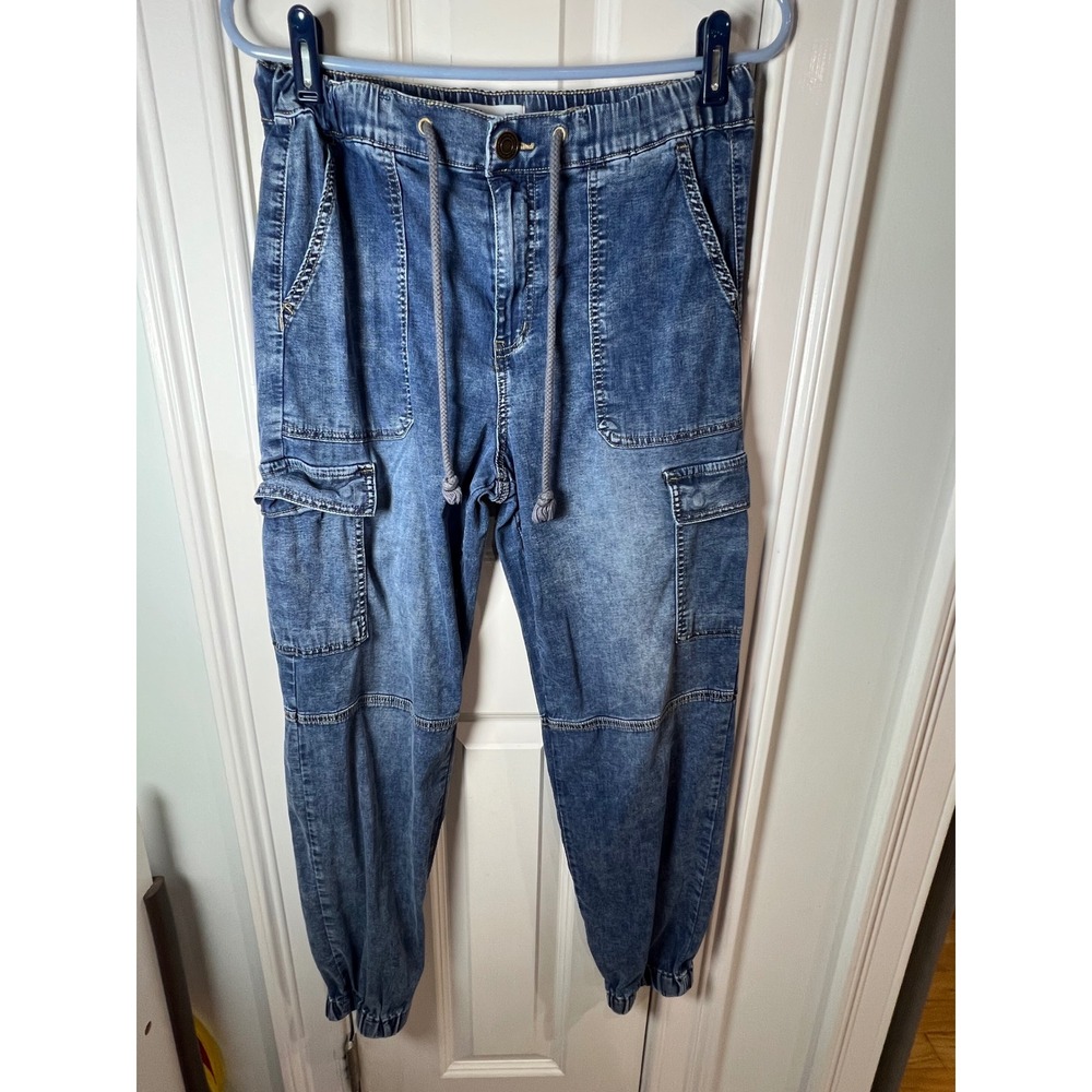 SO High Rise Cargo Joggers Womens Large Blue Denim Drawstring Elastic Waistband